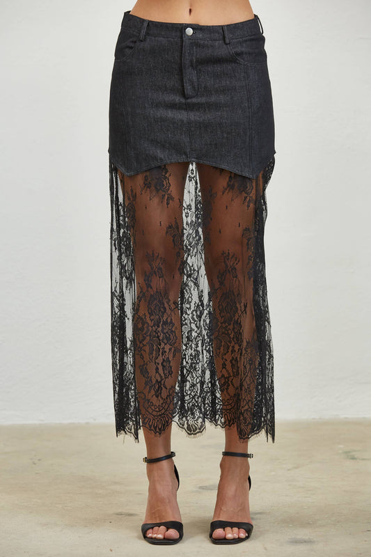 Lace Contrast Denim Maxi Skirt - Black