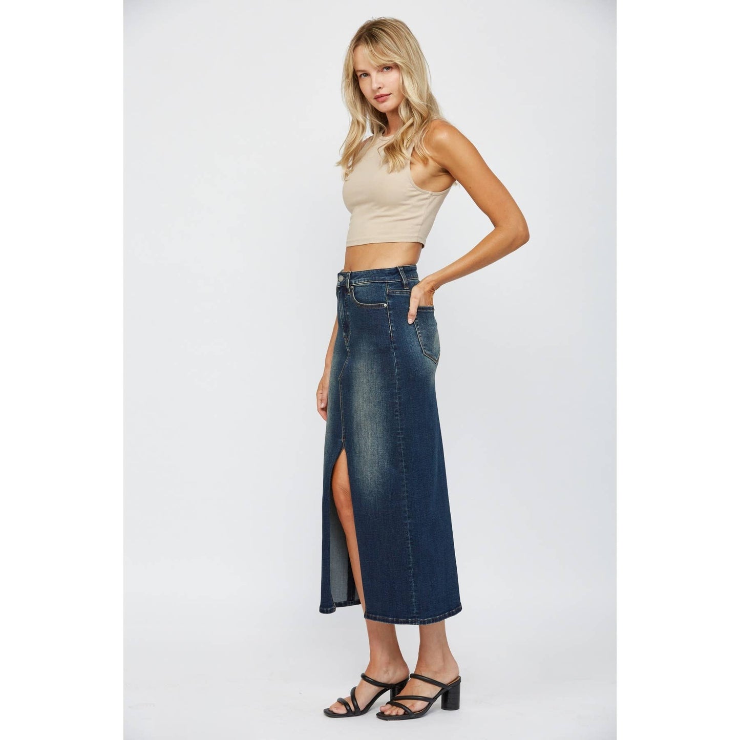 Midi with Front Slit Skirt - Dark Warm Wash