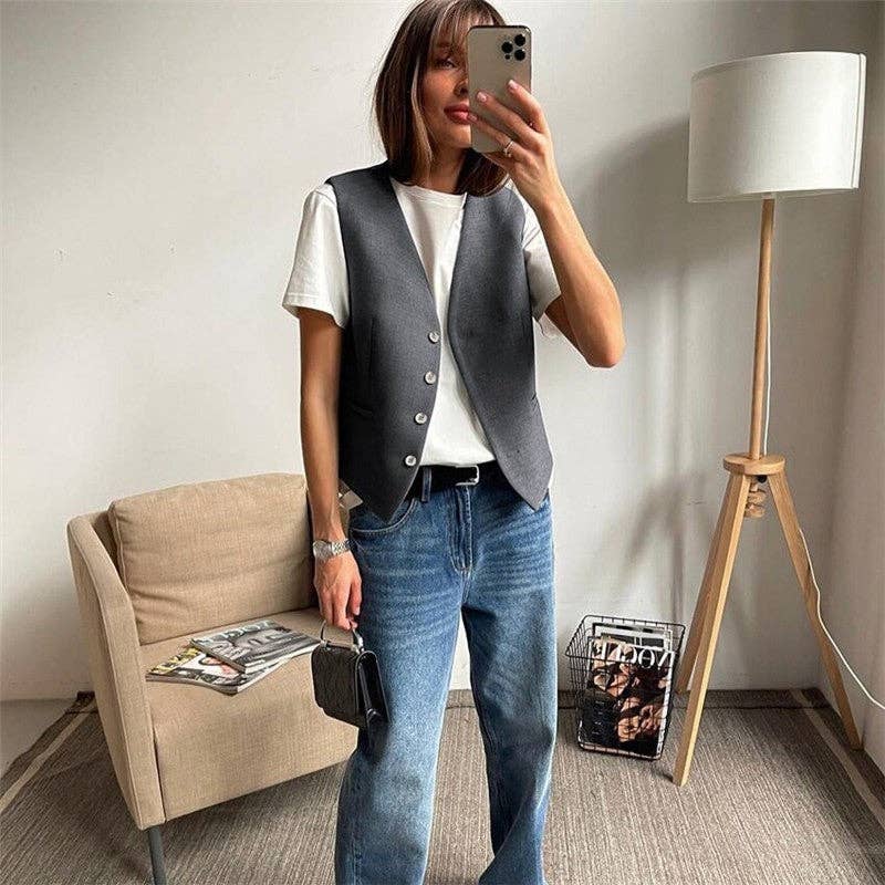 V-Neck Vest And Straight-Leg Pants Suit - Charcoal